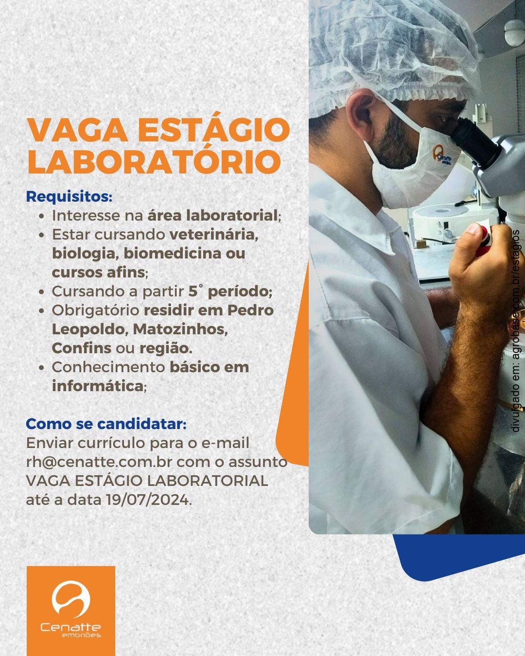 Estágio em laboratório – Pedro Leopoldo, Matozinhos, Confins/MG e região