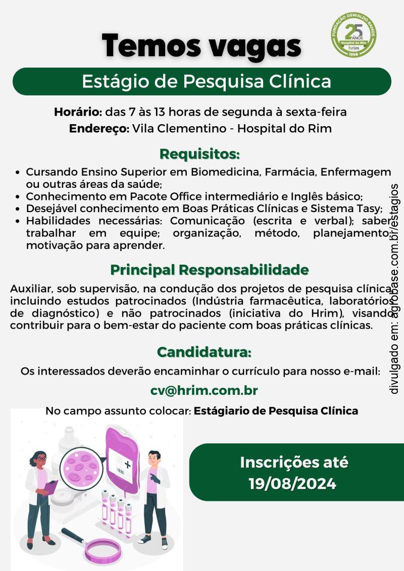 Estágio em pesquisa clínica – São Paulo/SP