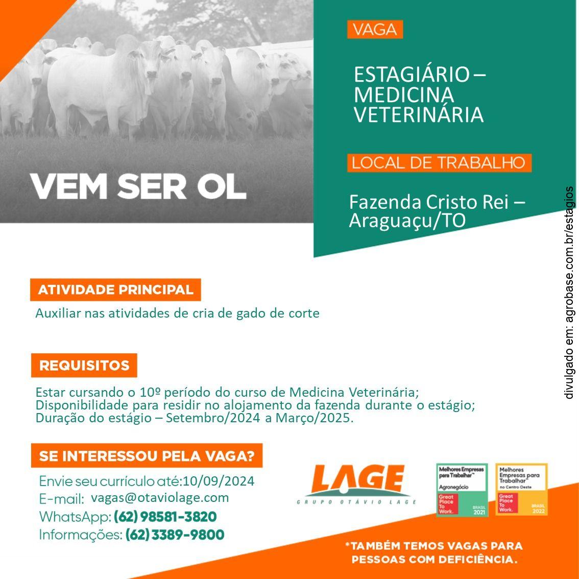 Estagiário medicina veterinária (fazenda) – Araguaçu/TO