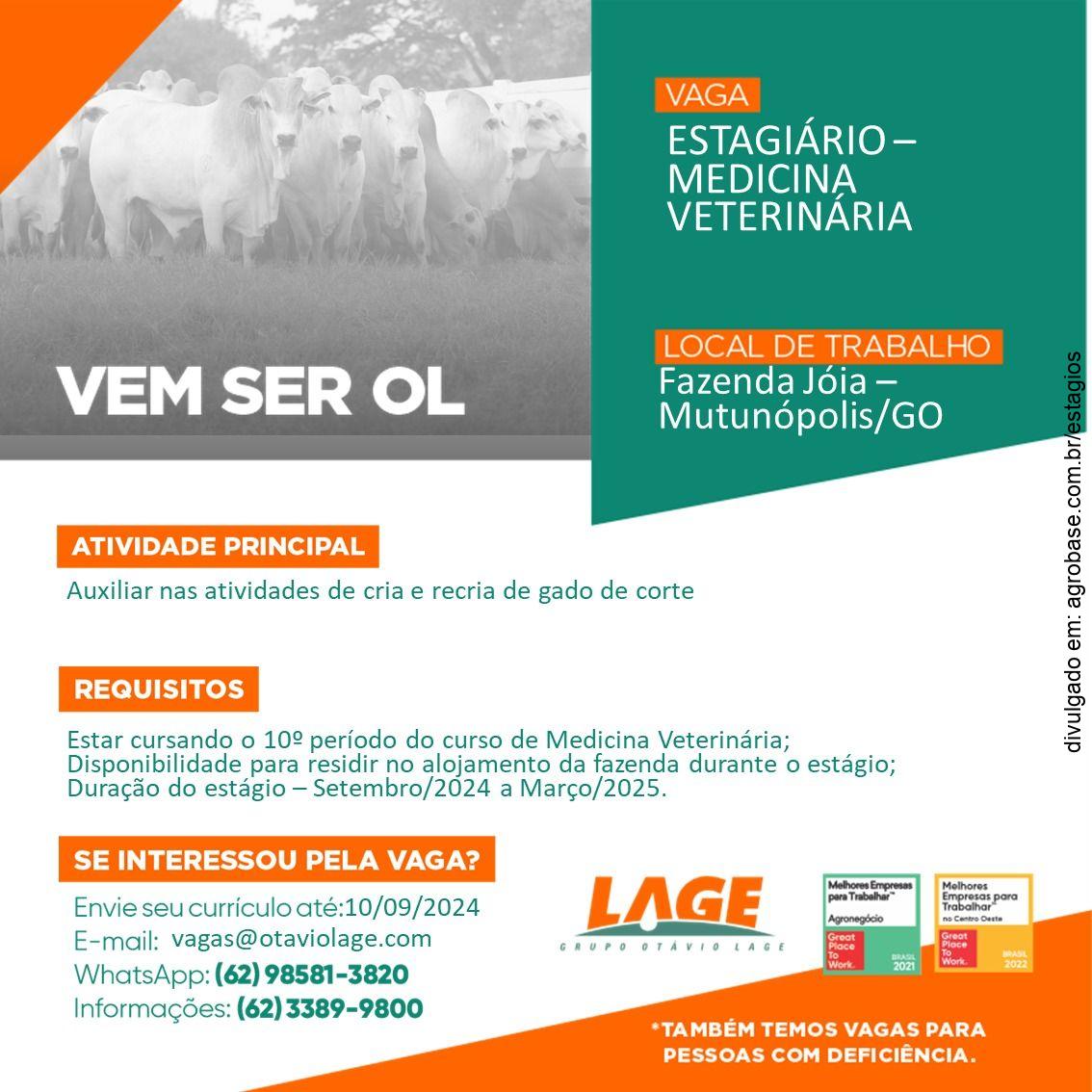 Estagiário medicina veterinária (fazenda) – Mutunópolis/GO